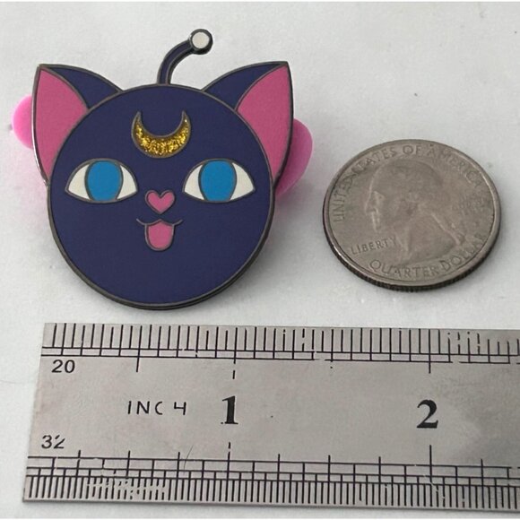 Purple Alien Cat Enamel Lapel Pin Glitter Crescent Celestial Moon - Picture 2 of 3
